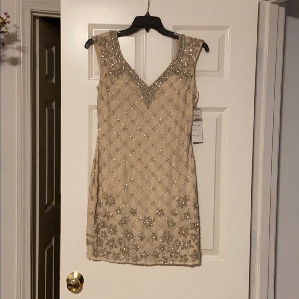 Aria couture short beaded Champaign dress. Nwt